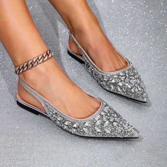Rhinestone Pointed Toe Flat Slip-On Shoes, Comfortable & Versatile Shiny Flats - Picture 4 of 4